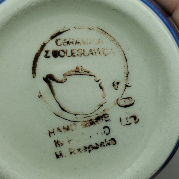 Polish Pottery Peacock Leaves Mug Peacock Blue Circles Green Stripes Mugs - Picture 7 of 7